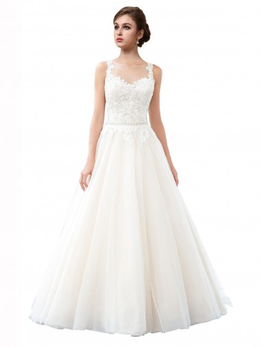 Outlet Ivoire Trapèze Illusion Traîne cathédrale Tulle Dentelle Plage Robes de mariée