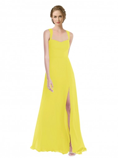 Outlet Jaune Trapèze Bretelles spaghetti Mousseline Longue Robes demoiselle d'honneur