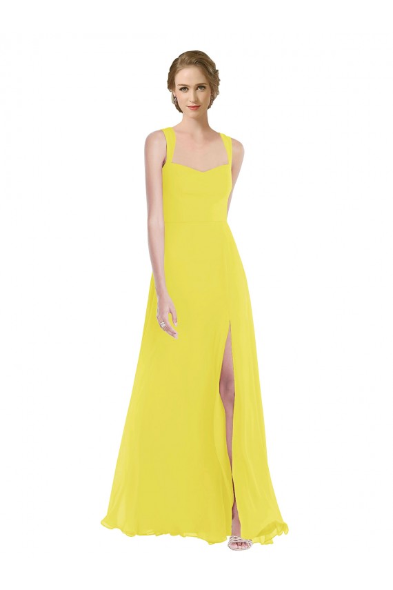 Outlet Jaune Trapèze Bretelles spaghetti Mousseline Longue Robes demoiselle d'honneur