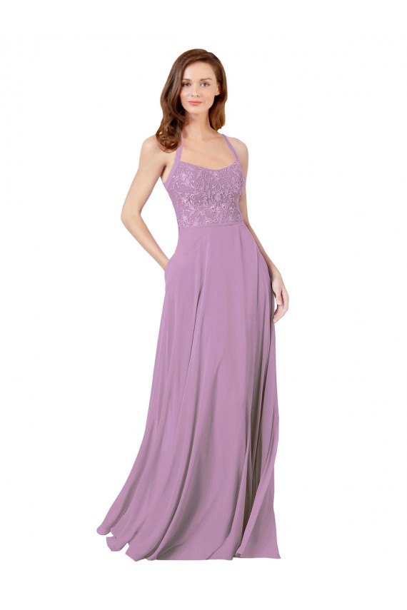 Outlet Lavande foncée Trapèze Bretelles spaghetti Mousseline Dentelle Longue Robes demoiselle d'honneur