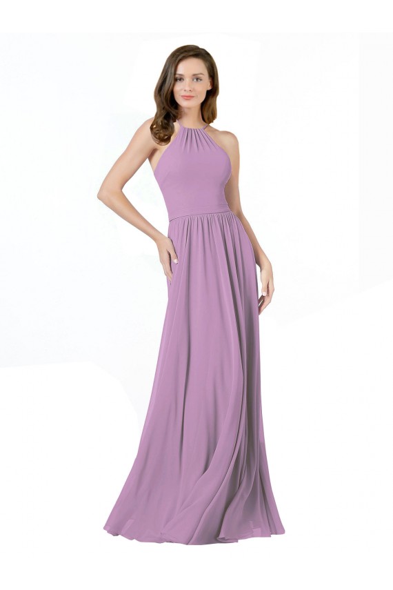 Outlet Lavande foncée Trapèze Licou Mousseline Longue Robes demoiselle d'honneur