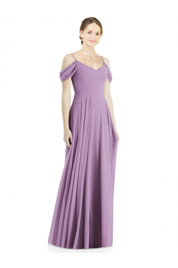 Outlet Lavande foncée Trapèze Épaule Dénudée Bretelles spaghetti Mousseline Longue Robes demoiselle d'honneur