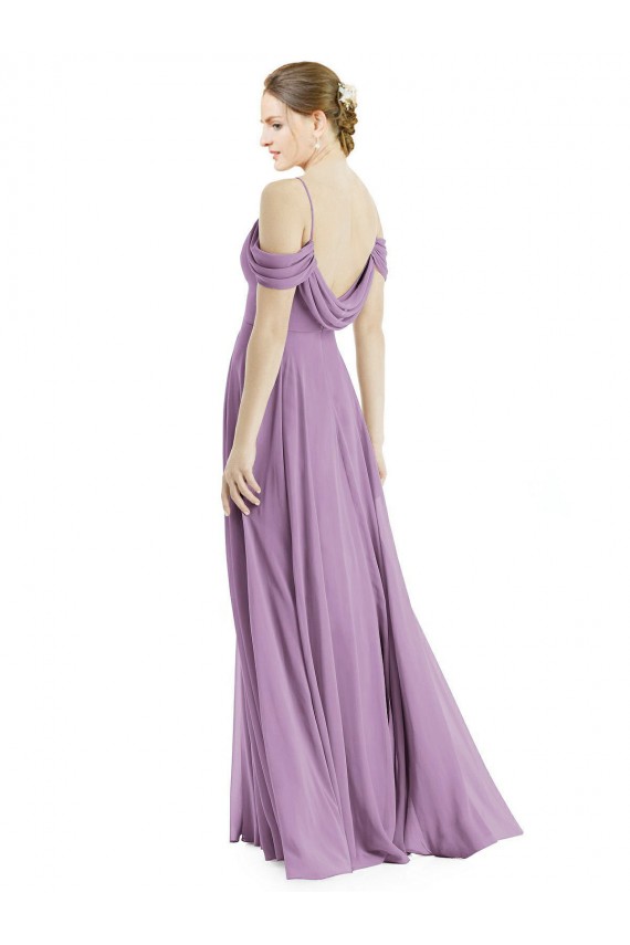 Outlet Lavande foncée Trapèze Épaule Dénudée Bretelles spaghetti Mousseline Longue Robes demoiselle d'honneur