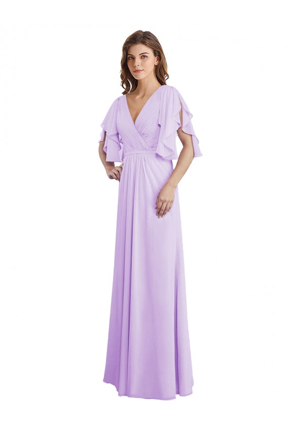 Outlet Lilas Trapèze Col V Mousseline Longue Robes demoiselle d'honneur