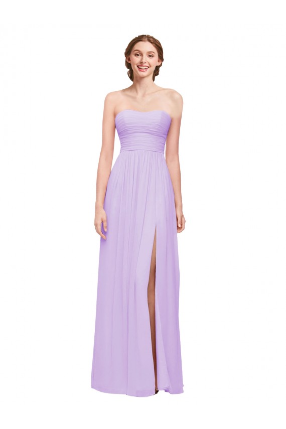 Outlet Lilas Trapèze Sans bretelle Mousseline Longue Robes demoiselle d'honneur
