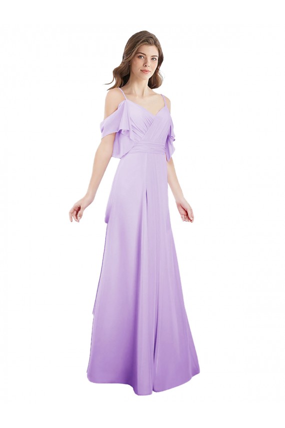Outlet Lilas Trapèze Épaule Dénudée Bretelles spaghetti Mousseline Longue Robes demoiselle d'honneur