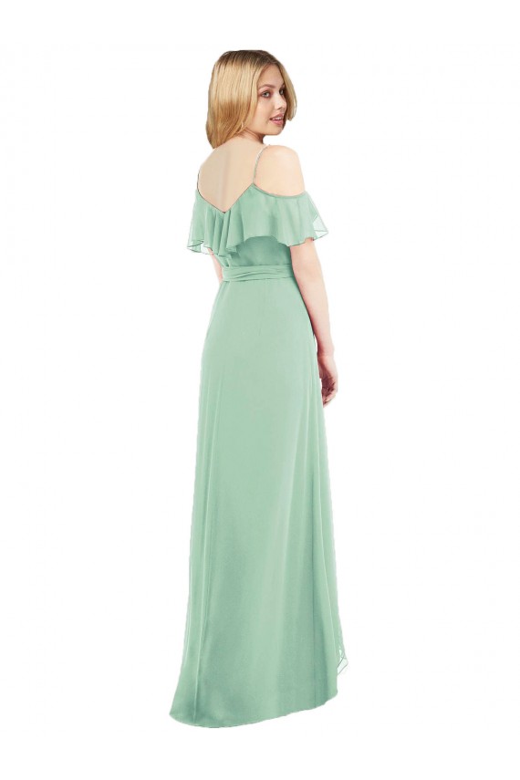 Outlet Menthe verte Trompette Bretelles spaghetti Col V Mousseline Longue Asymétrique Robes demoiselle d'honneur