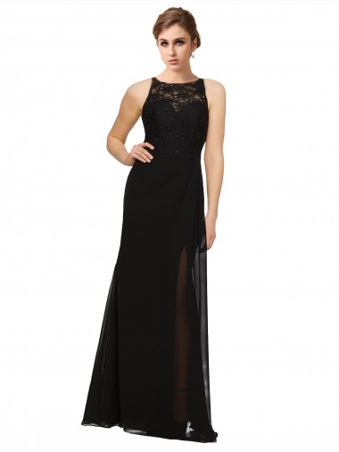 Outlet Noir Fourreau Col Haut Mousseline Dentelle Longue Robes demoiselle d'honneur