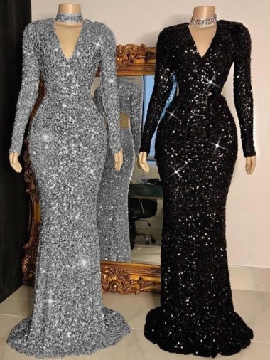 Outlet Noir Fourreau Col V Balayage train Paillettes Velours Longue Robes de bal