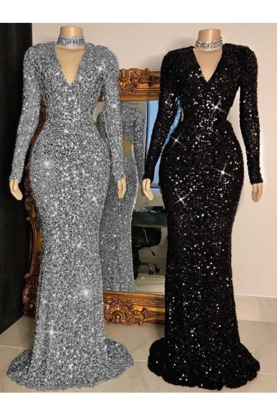 Outlet Noir Fourreau Col V Balayage train Paillettes Velours Longue Robes de bal