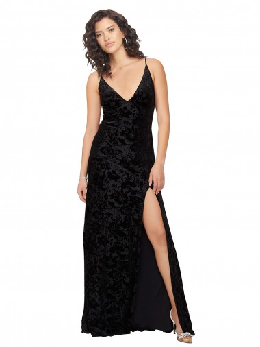 Outlet Noir Fourreau Col V Velours Floral Velours Stretch Longue Robes demoiselle d'honneur