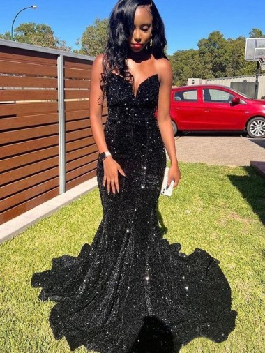 Outlet Noir Sirène Paillettes Velours Longue Robes de bal