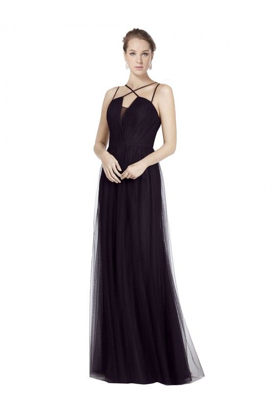 Outlet Noir Trapèze Bretelles spaghetti Col Haut Tulle Longue Robes demoiselle d'honneur