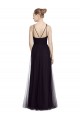 Outlet Noir Trapèze Bretelles spaghetti Col Haut Tulle Longue Robes demoiselle d'honneur