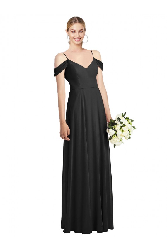 Outlet Noir Trapèze Bretelles spaghetti Mousseline Longue Robes demoiselle d'honneur