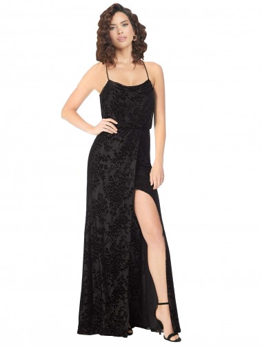 Outlet Noir Trapèze Bretelles spaghetti Velours Floral Velours Stretch Longue Robes demoiselle d'honneur