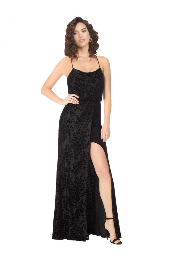 Outlet Noir Trapèze Bretelles spaghetti Velours Floral Velours Stretch Longue Robes demoiselle d'honneur