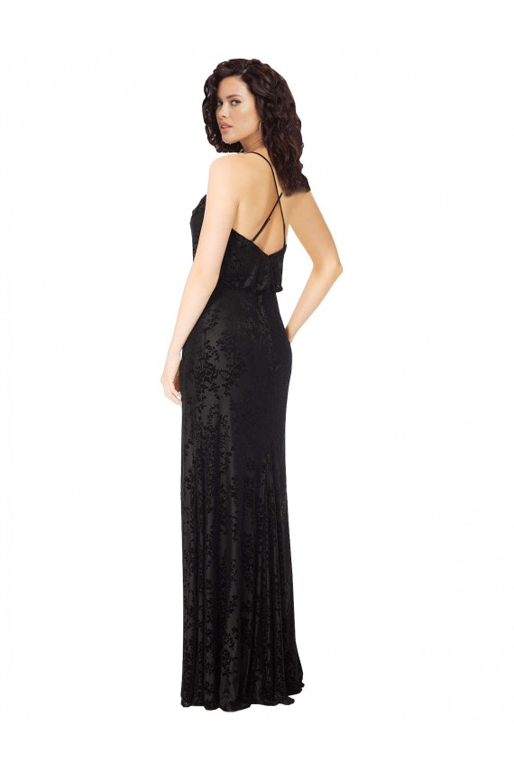 Outlet Noir Trapèze Bretelles spaghetti Velours Floral Velours Stretch Longue Robes demoiselle d'honneur
