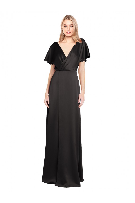 Outlet Noir Trapèze Col V Satiné Stretch Longue Formelles Robes demoiselle d'honneur / Robes de soirée / Robes de bal