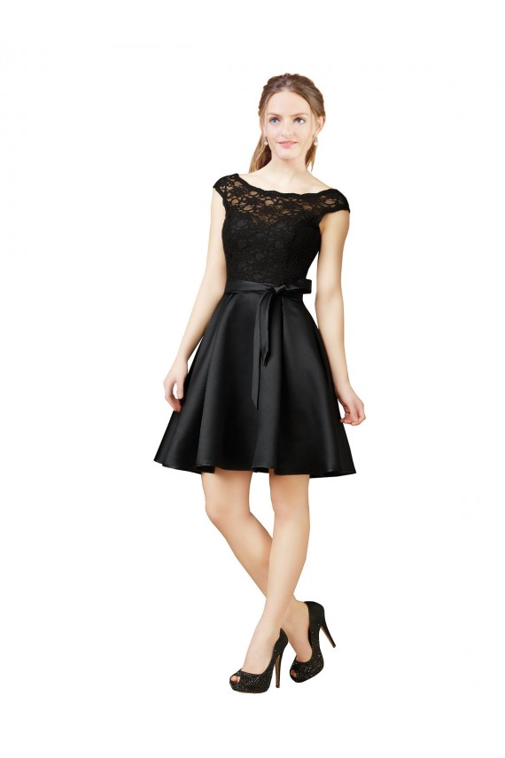 Outlet Noir Trapèze Illusion Satiné Dentelle Courte Robes demoiselle d'honneur / Robes de cocktail