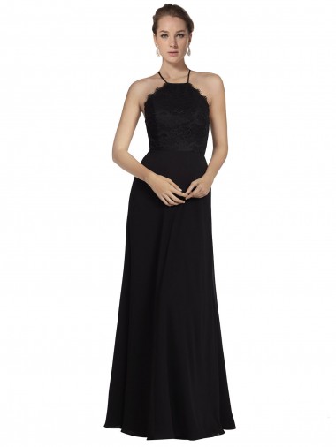 Outlet Noir Trapèze Licou Mousseline Dentelle Longue Robes demoiselle d'honneur