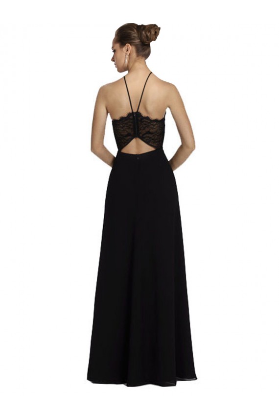 Outlet Noir Trapèze Licou Mousseline Dentelle Longue Robes demoiselle d'honneur