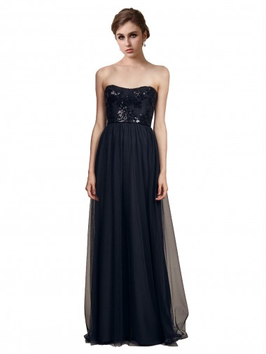 Outlet Noir Trapèze Sans bretelle Tulle Longue Robes demoiselle d'honneur