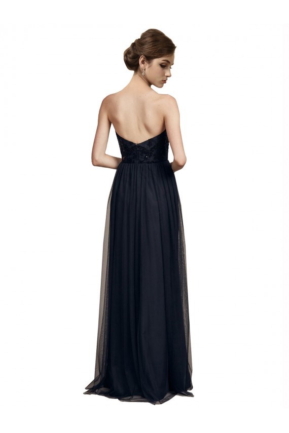 Outlet Noir Trapèze Sans bretelle Tulle Longue Robes demoiselle d'honneur