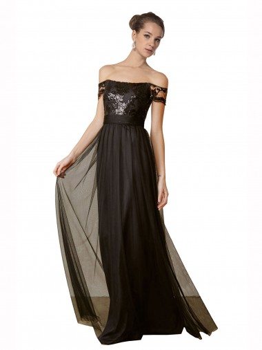 Outlet Noir Trapèze Épaule Dénudée Tulle Paillette Longue Robes demoiselle d'honneur