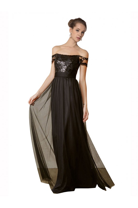 Outlet Noir Trapèze Épaule Dénudée Tulle Paillette Longue Robes demoiselle d'honneur