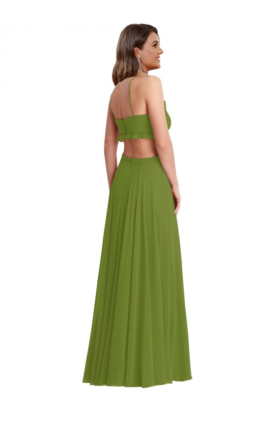 Outlet Olive verte Trapèze Col V Mousseline Longue Robes demoiselle d'honneur