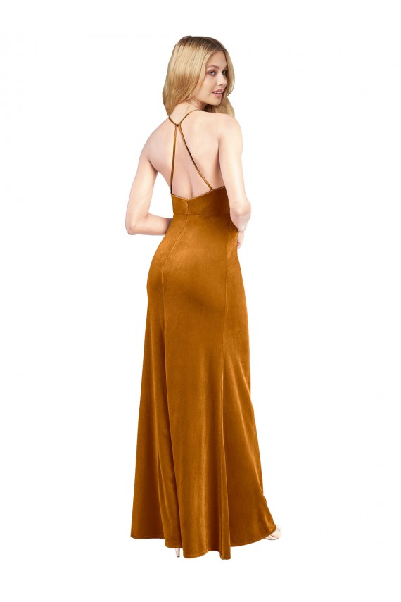 Outlet Or Trapèze Licou Col Haut Velours Stretch Longue Formelles Robes demoiselle d'honneur / Robes de soirée / Robes de bal