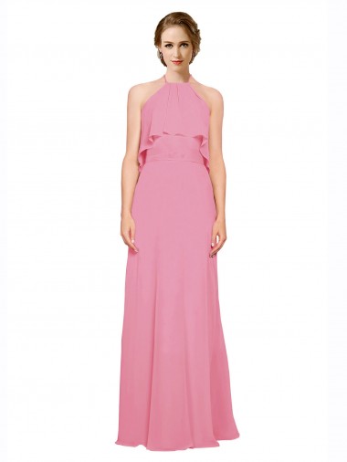 Outlet Peau Rose Trapèze Licou Col Haut Mousseline Longue Robes demoiselle d'honneur