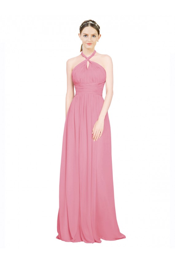 Outlet Peau Rose Trapèze Licou Col V Mousseline Longue Robes demoiselle d'honneur