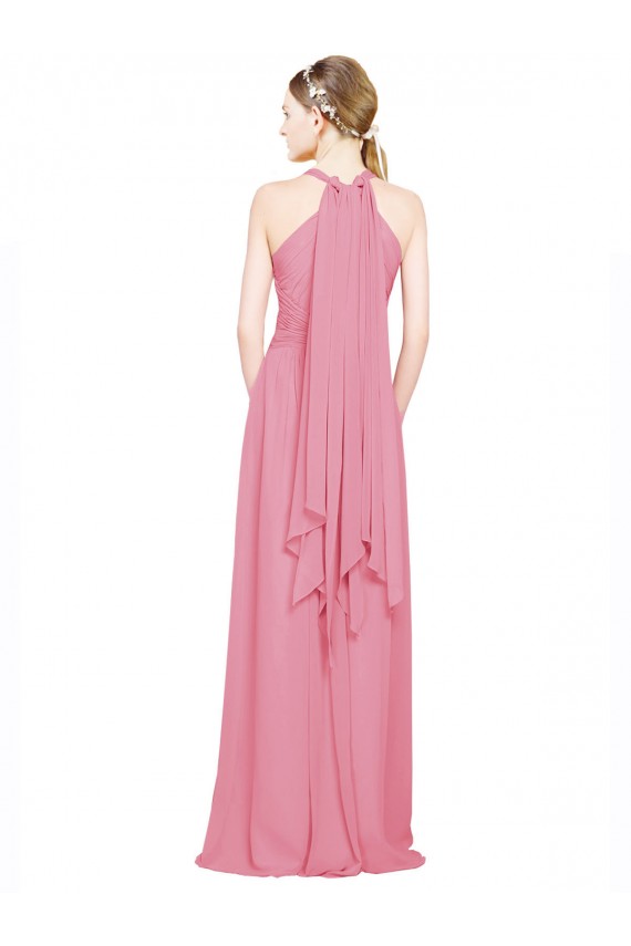 Outlet Peau Rose Trapèze Licou Col V Mousseline Longue Robes demoiselle d'honneur