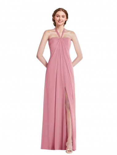 Outlet Peau Rose Trapèze Licou Mousseline Longue Robes demoiselle d'honneur