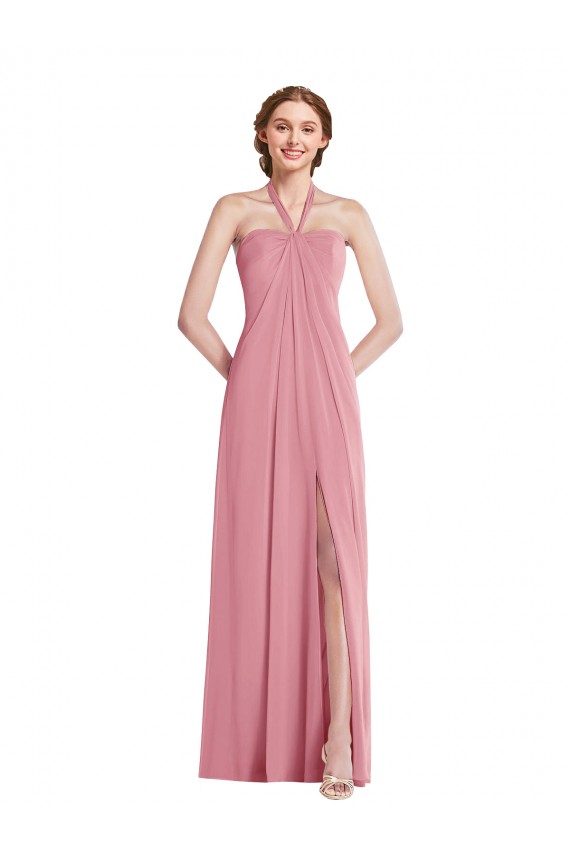 Outlet Peau Rose Trapèze Licou Mousseline Longue Robes demoiselle d'honneur