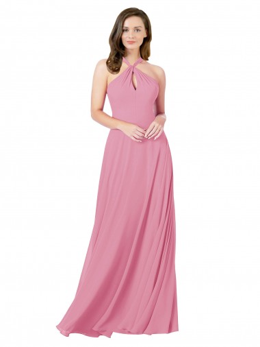 Outlet Peau Rose Trapèze Licou Mousseline Longue Robes demoiselle d'honneur / Robes de bal