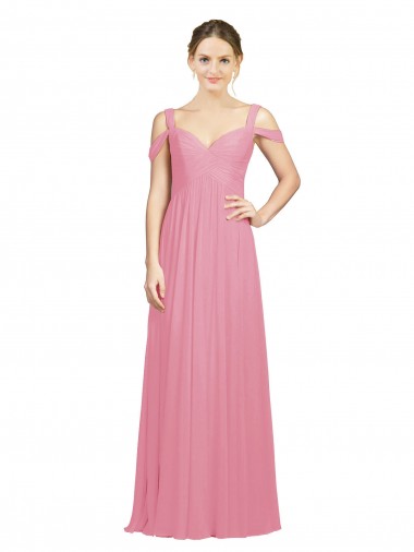 Outlet Peau Rose Trapèze Épaule Dénudée Mousseline Longue Robes demoiselle d'honneur