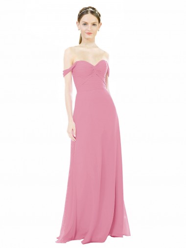 Outlet Peau Rose Trapèze Épaule Dénudée Mousseline Longue Robes demoiselle d'honneur