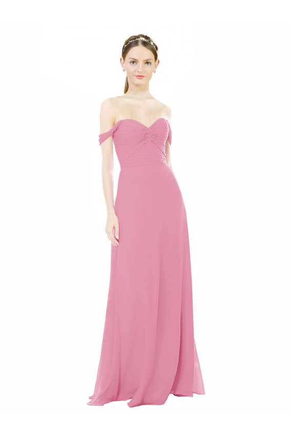 Outlet Peau Rose Trapèze Épaule Dénudée Mousseline Longue Robes demoiselle d'honneur