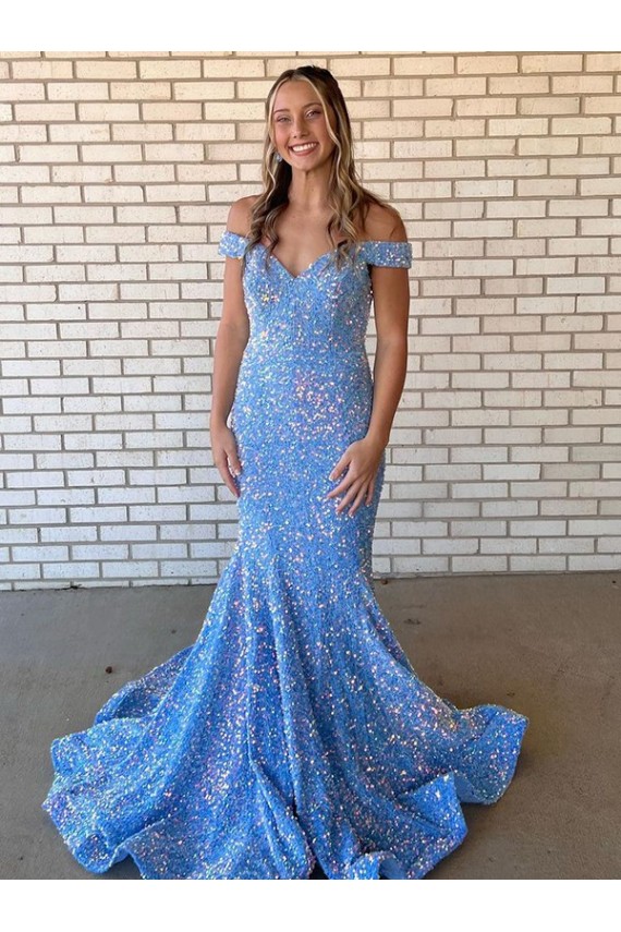 Outlet Periwinkle Sirène Épaule Dénudée Paillettes Velours Longue Robes de bal