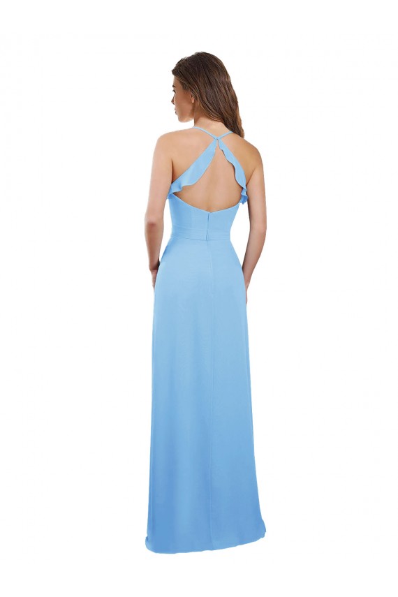 Outlet Periwinkle Trapèze Bretelles spaghetti Mousseline Longue Robes demoiselle d'honneur
