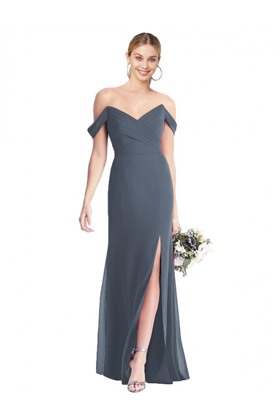 Outlet Pierre d'argent Trompette Épaule Dénudée Mousseline Longue Robes demoiselle d'honneur