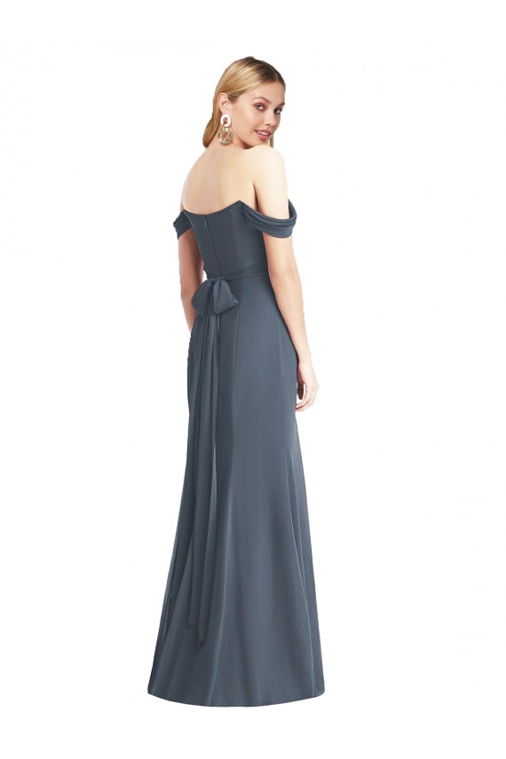 Outlet Pierre d'argent Trompette Épaule Dénudée Mousseline Longue Robes demoiselle d'honneur