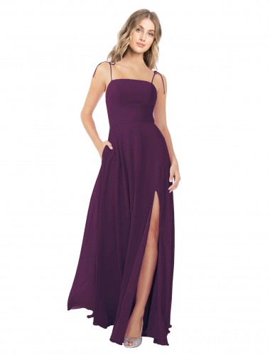 Outlet Pourpre Trapèze Bretelles spaghetti Sans bretelle Mousseline Longue Robes demoiselle d'honneur