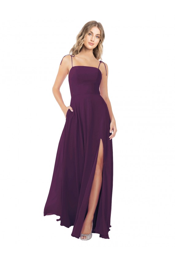 Outlet Pourpre Trapèze Bretelles spaghetti Sans bretelle Mousseline Longue Robes demoiselle d'honneur