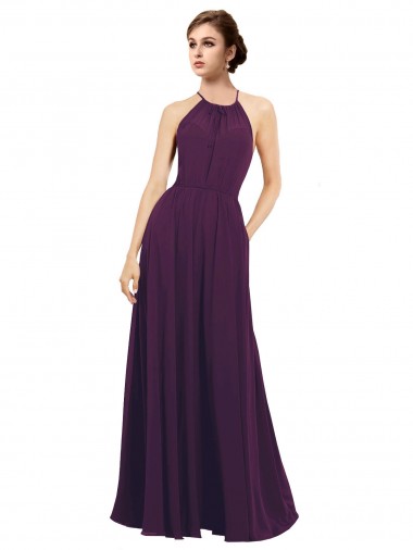 Outlet Pourpre Trapèze Licou Mousseline Longue Robes demoiselle d'honneur