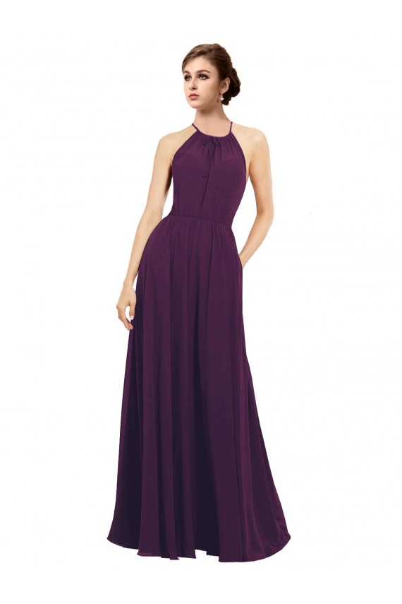 Outlet Pourpre Trapèze Licou Mousseline Longue Robes demoiselle d'honneur