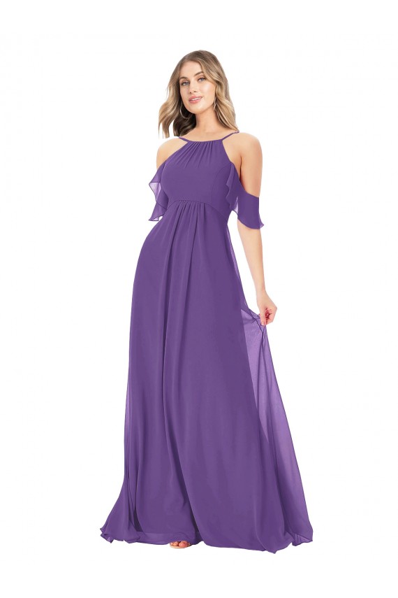 Outlet Prune Trapèze Épaule Dénudée Col Haut Mousseline Longue Robes demoiselle d'honneur